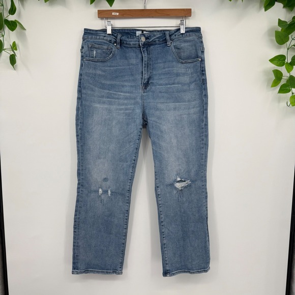 Risen Distressed‎ Cropped Jeans Women's 2XL High Rise Stretch Denim Blue - Picture 1 of 11
